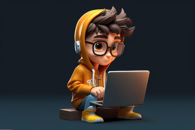 Portrait of successful programmer game developer or coder guy in uses computer laptop for work Game design Hacker boy Generative Ai Gamer in headphones