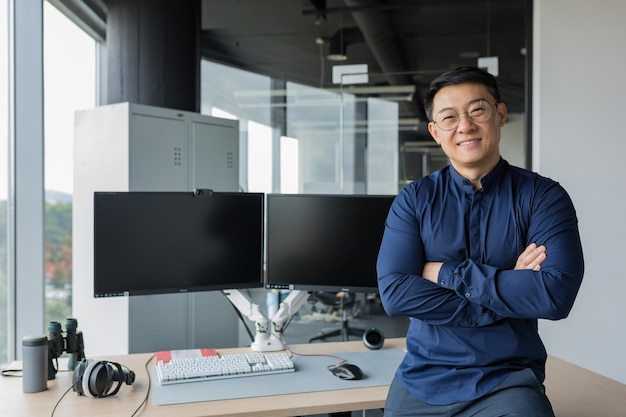 Portrait of successful programmer in modern office of development company asian man with crossed