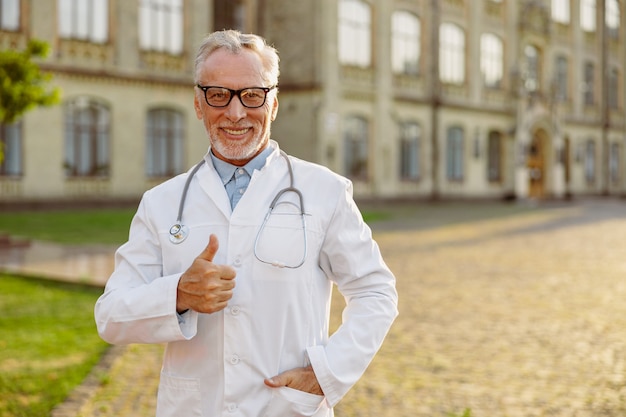 Portrait of successful senior male doctor in lab coat and glasses smiling at camera showing thumbs