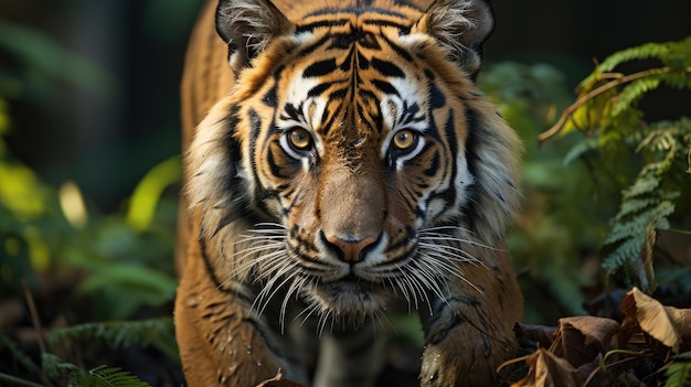 Photo portrait of a sumatran tiger walking leisurely in the forest
