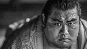 Photo portrait of sumo wrestler in dohyo looking at camera