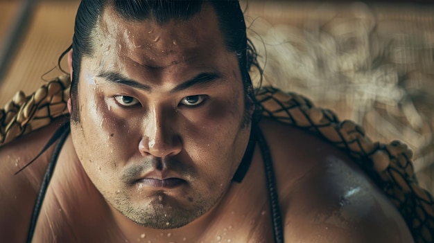 Photo portrait of sumo wrestler in dohyo looking at camera