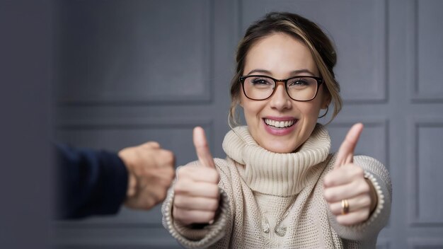 Portrait of supportive pleased and delighted female customer in sweater and glasses giving thumbs u