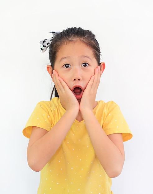 Portrait of surprised asian little child girl isolated on white background. Kid looking at camera and hands touching on cheeks