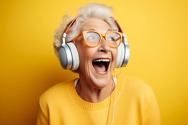 Портрет удивленной жизнерадостной старухи, слушающей Generative Ai