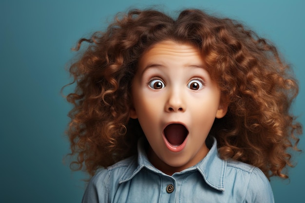 Portrait of surprised cute little toddler girl child standing isolated over blue background Looking at camera