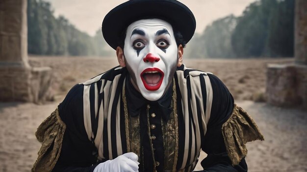 Portrait of the surprised and joyful mime with open mouth