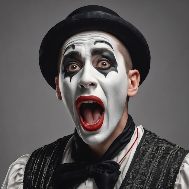 Portrait of the surprised and joyful mime with open mouth