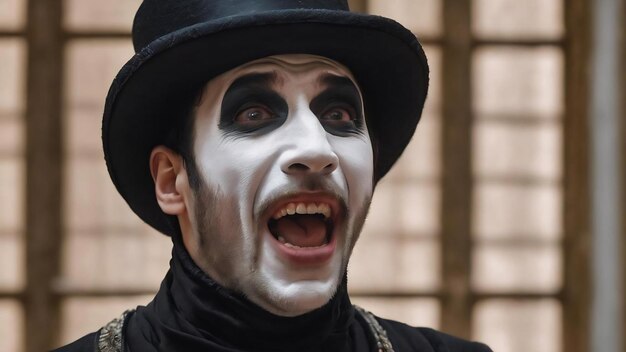 Portrait of the surprised and joyful mime with open mouth