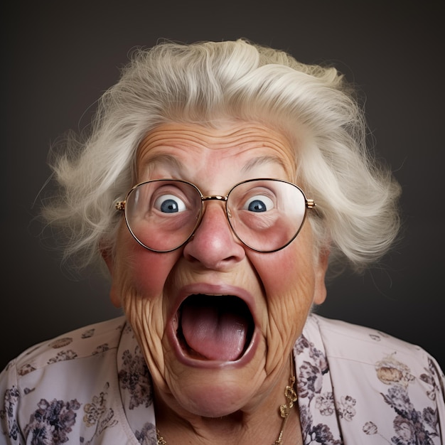 Photo portrait of surprised very old greyhaired woman wearing glasses yelling loudly funny elderly person generative ai