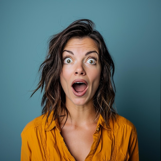 Portrait of surprised woman with open mouth isolated on blue background stock photo