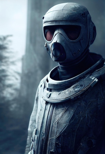 Photo portrait of a surviving stalker in an old gas mask against an apocalyptic background
