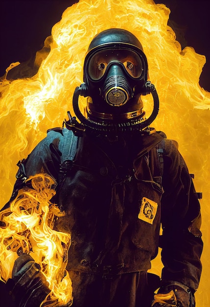 Portrait of a surviving stalker in an old gas mask against an apocalyptic background