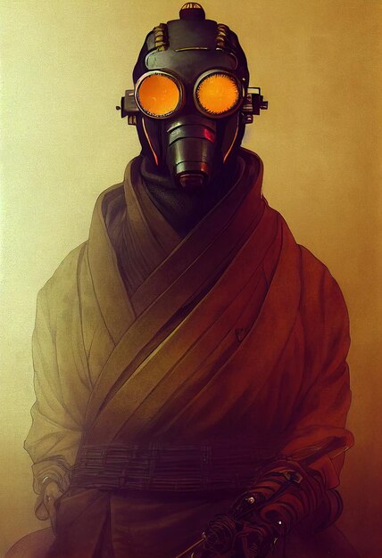 Photo portrait of a surviving stalker in an old gas mask against an apocalyptic background