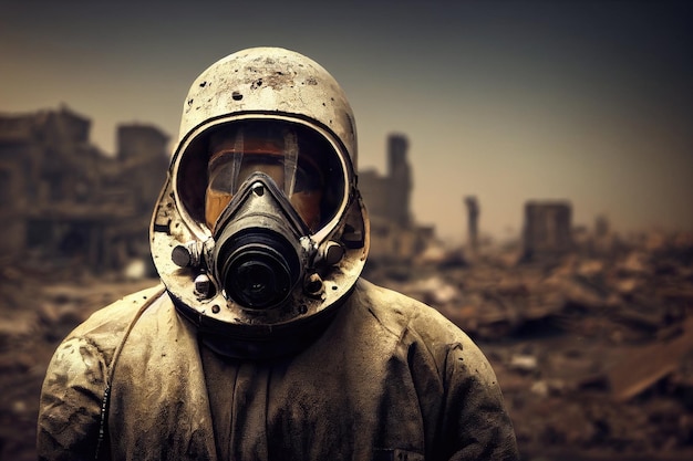 Portrait of a survivor in hazmat and wearing an old gas mask against an apocalyptic background