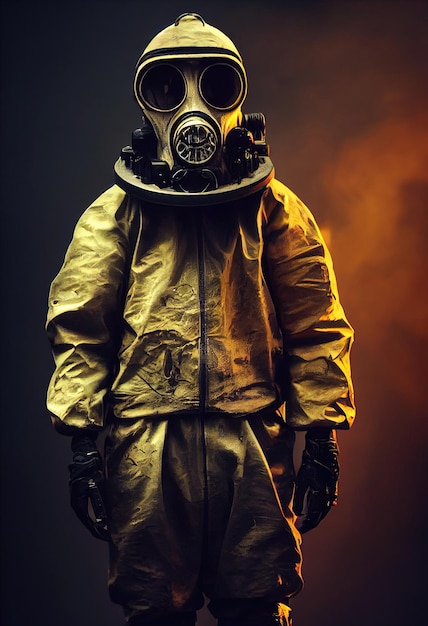 Portrait of a survivor in hazmat and wearing an old gas mask against an apocalyptic background