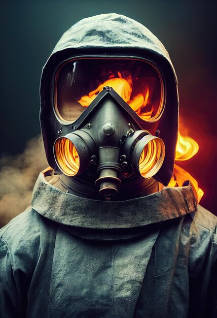 Portrait of a survivor in hazmat and wearing an old gas mask against an apocalyptic background