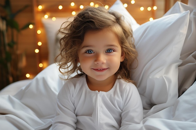 白いベッドリネンでベッドに横たわっている甘い小さな赤ちゃんの肖像画