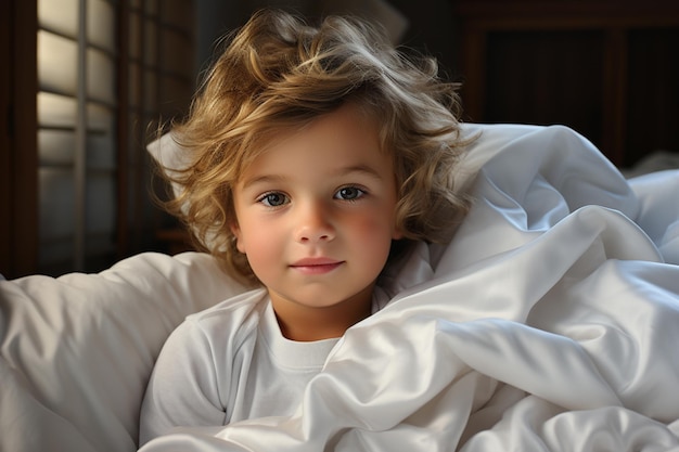 portrait of sweet little baby in bed with white bed linen