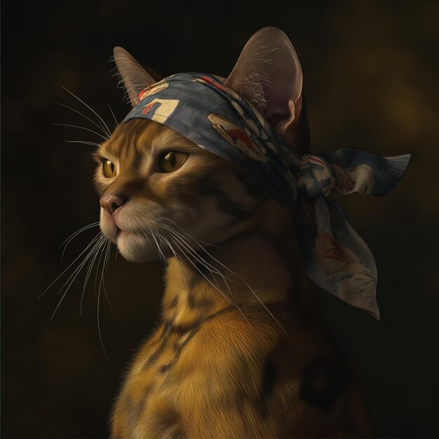 Portrait of a tabby cat wearing a bandana on his head