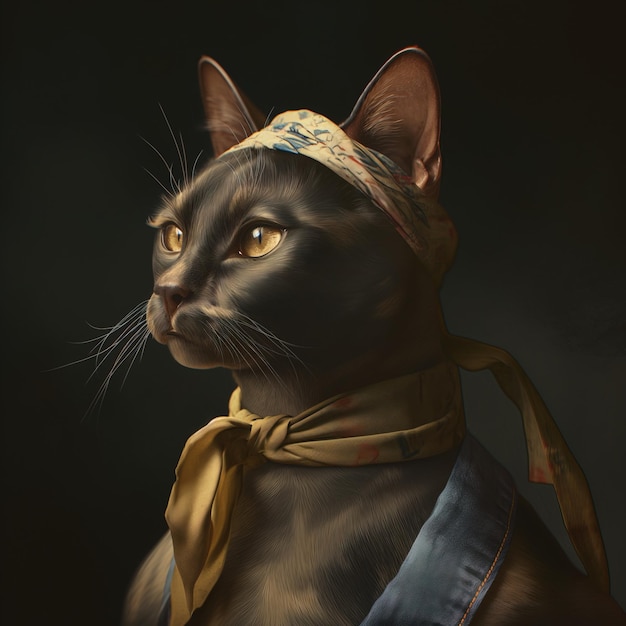 Portrait of a tabby cat wearing a bandana on his head