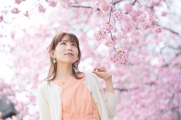 Portrait taken under a cherry tree in full bloom