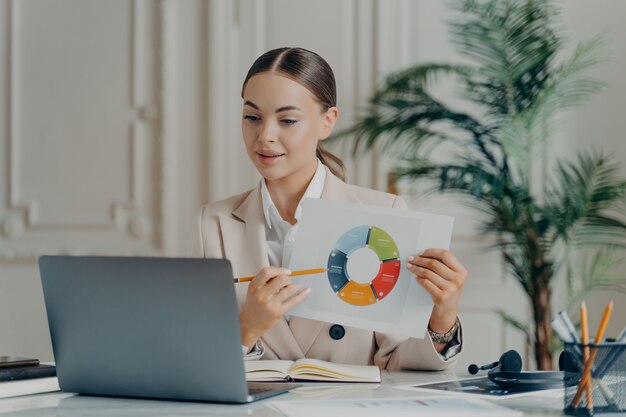 Portrait of talking young caucasian bussiness woman or economist on presentation, with hair tied in ponytail in light beige formal suit showing data during internet meeting, blurred background