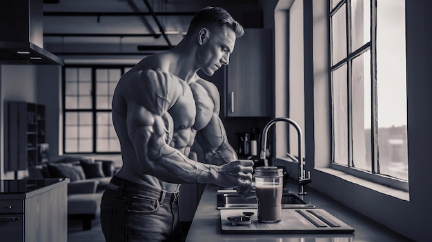 Portrait of a tall stylish shirtless bodybuilder dressed in jeans prepares protein mixture before