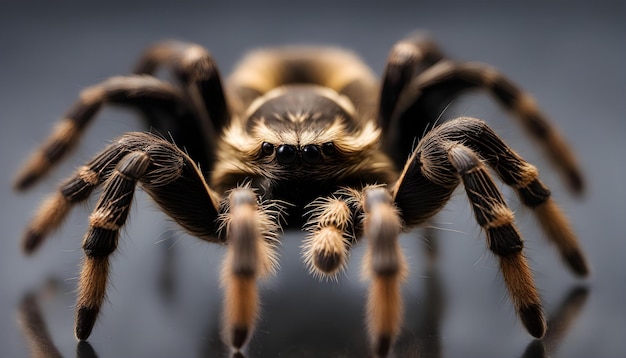 Portrait of a tarantula front view on reflection with black background