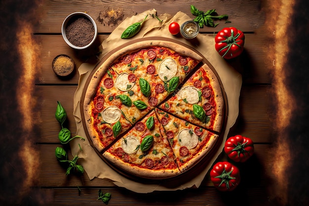 portrait Tasty Hot Italian pizza on wooden board on kitchen background