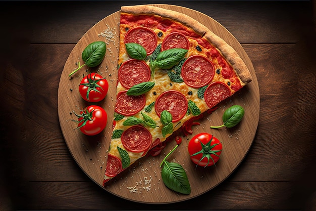 portrait Tasty Hot Italian Slice pizza on wooden board on kitchen background