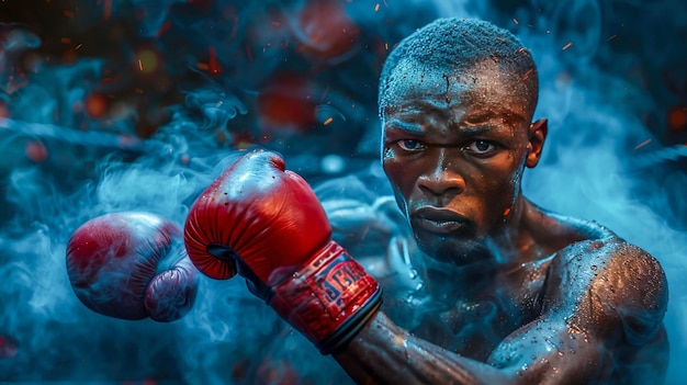 Portrait of a tattooed boxer in the smoke The concept of sport and recreation