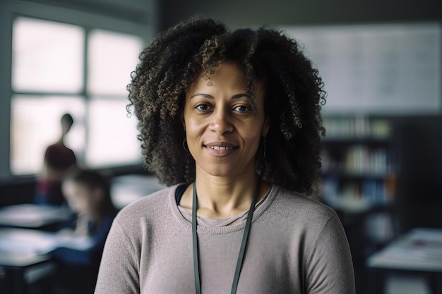 Portrait of a teacher in a classroom with students in the background Teacher's day Education concept