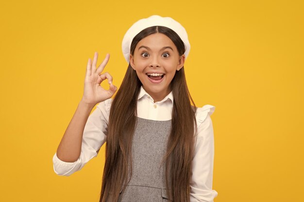 Portrait of teen girl making ok gesture isolated background Young teenager smiling and giving okey sign Happy cute child showing okay Excited face cheerful emotions of teenager girl