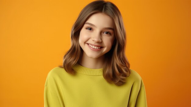 Portrait of teen girl smiling portrait against orange background in studio