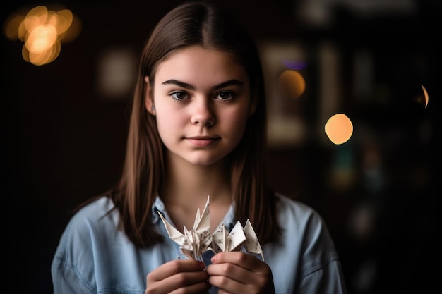 생성 인공 지능으로 만든 종이접기 크레인을 들고 있는 십대 소녀의 초상화