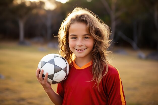 Портрет девочки-подростка в красной форме, держащей футбольный мяч и улыбающейся