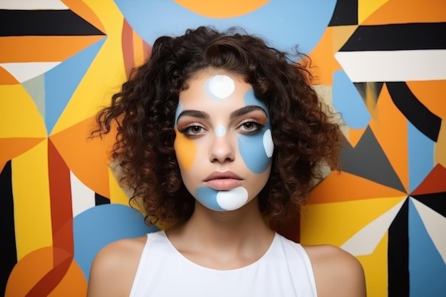 Портрет девочки-подростка с абстрактным художественным макияжем на абстрактном геометрическом многоцветном фоне