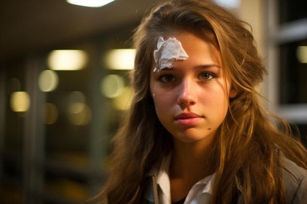 Portrait of a Teenage Girl with a Bandage on Her Forehead