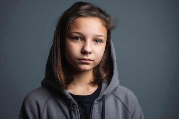 portrait of a teenager 12 13 years old with different emotions on a gray background