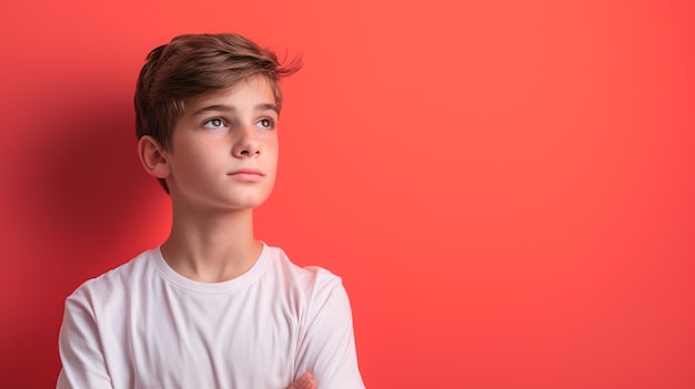 Photo portrait of teenager boy with expressing empathy and compassion with copy space isolated on solid color background