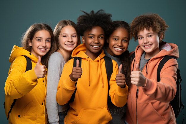 Portrait of teenagers showing thumbup on color background