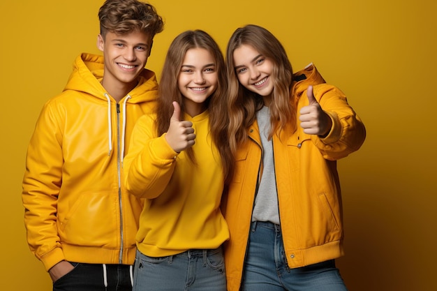 Portrait of teenagers showing thumbup on color background