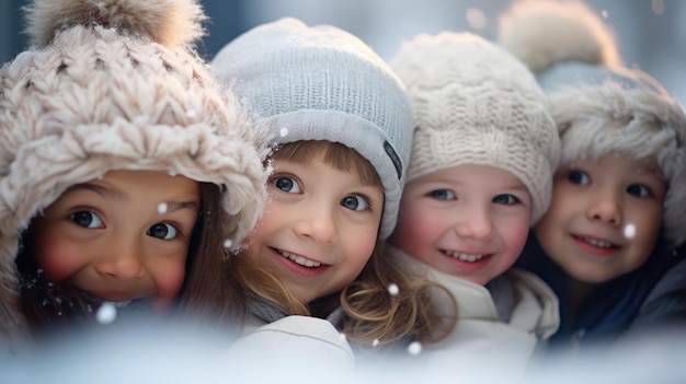 Photo portrait of tender cheerful playful smiling children in winter