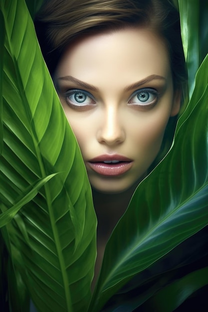 portrait of tender woman looking out of palm leaf AI Generated