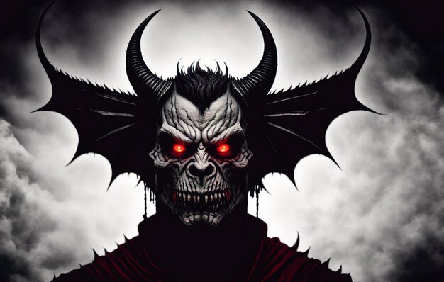 Photo portrait of a terrible devil with horns halloween a sinister demon