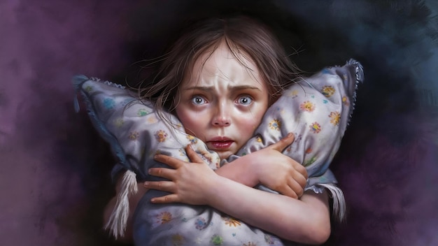 Portrait of a terrified little girl hugging pillow