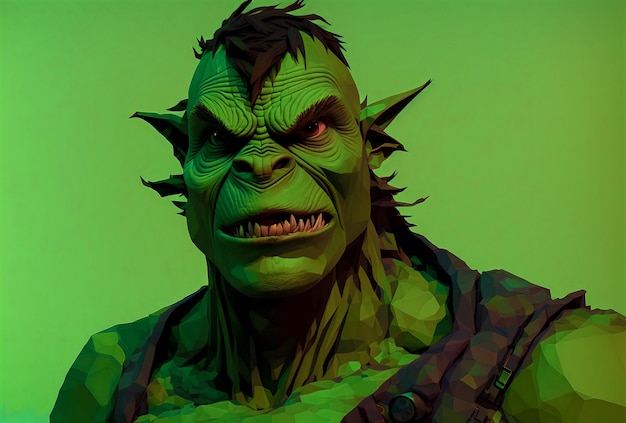 Portrait of terrifying green monster Fantastic creature Orc Ogre Troll with frightening facial expression