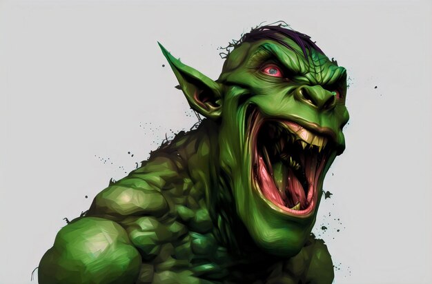 Portrait of terrifying green monster screaming Fantastic creature Orc Ogre Troll with frightening facial expression