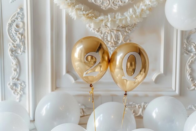 Photo portrait of text made of two golden floating helium balloons